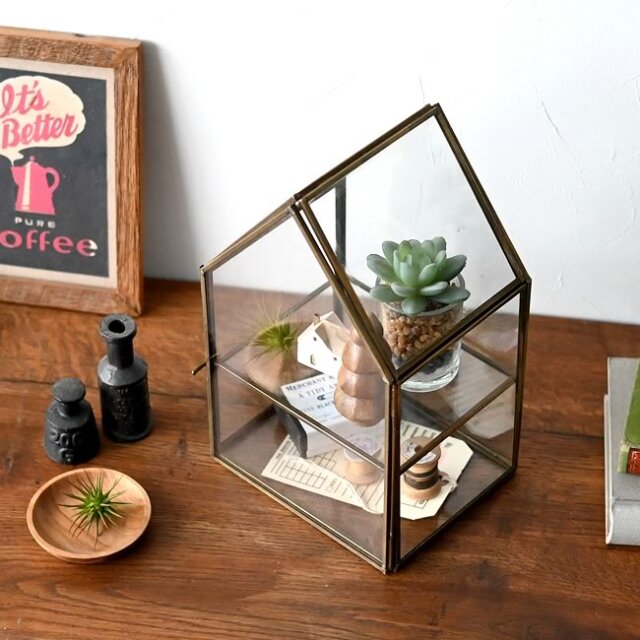 モロッカンガラス ハウス型ディスプレイケース ゴールドフレーム