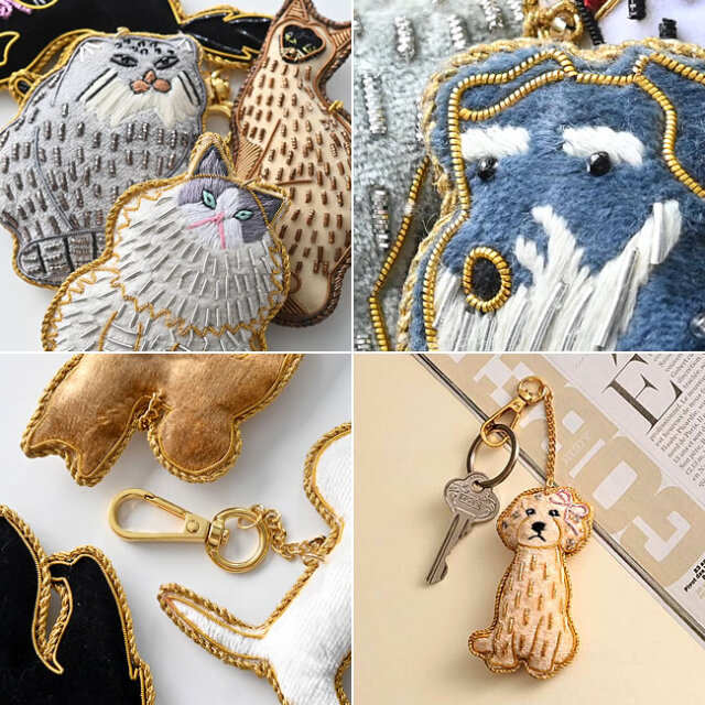 ザリ刺繍 キーホルダー 犬 猫 アニマル バッグチャーム ｜ ゼネラル