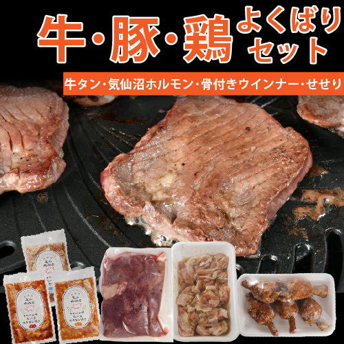 牛豚鶏よくばりセット(牛タン・ホルモン・骨付き肉・せせり) 送料無料