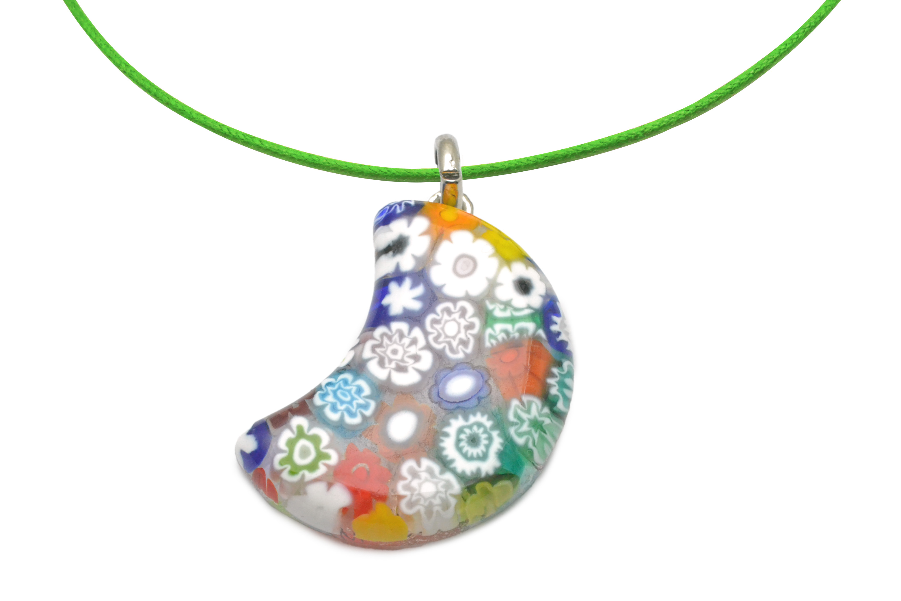 ムラーノグラスペンダント　ミッレフィオーリ　月型ペンダントトップ30mm　ネックレス付き