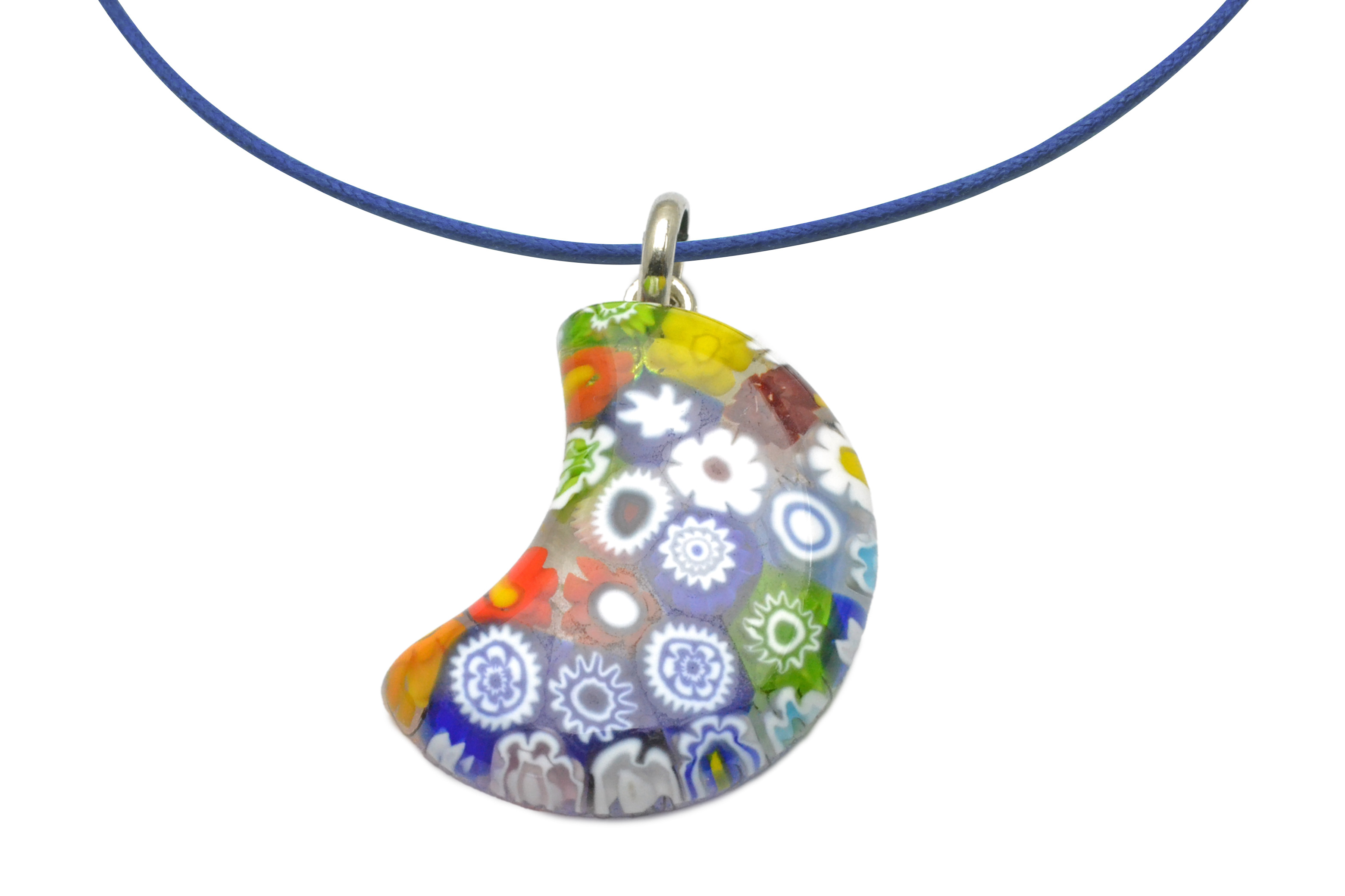 ムラーノグラスペンダント　ミッレフィオーリ　月型ペンダントトップ30mm　ネックレス付き