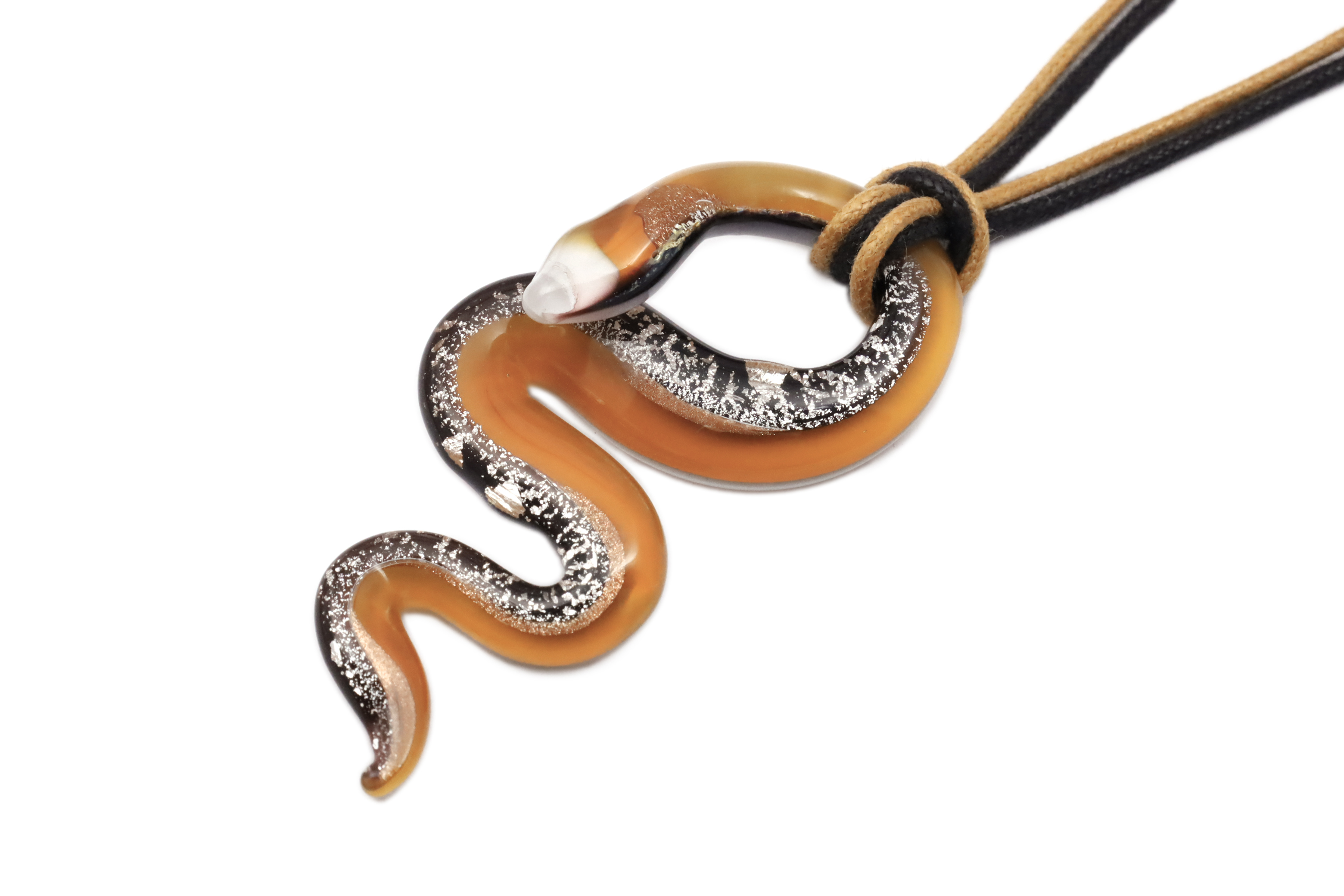 ムラーノグラス 蛇型ペンダント　ブラウン＆シルバー　フリーサイズネックレス付き