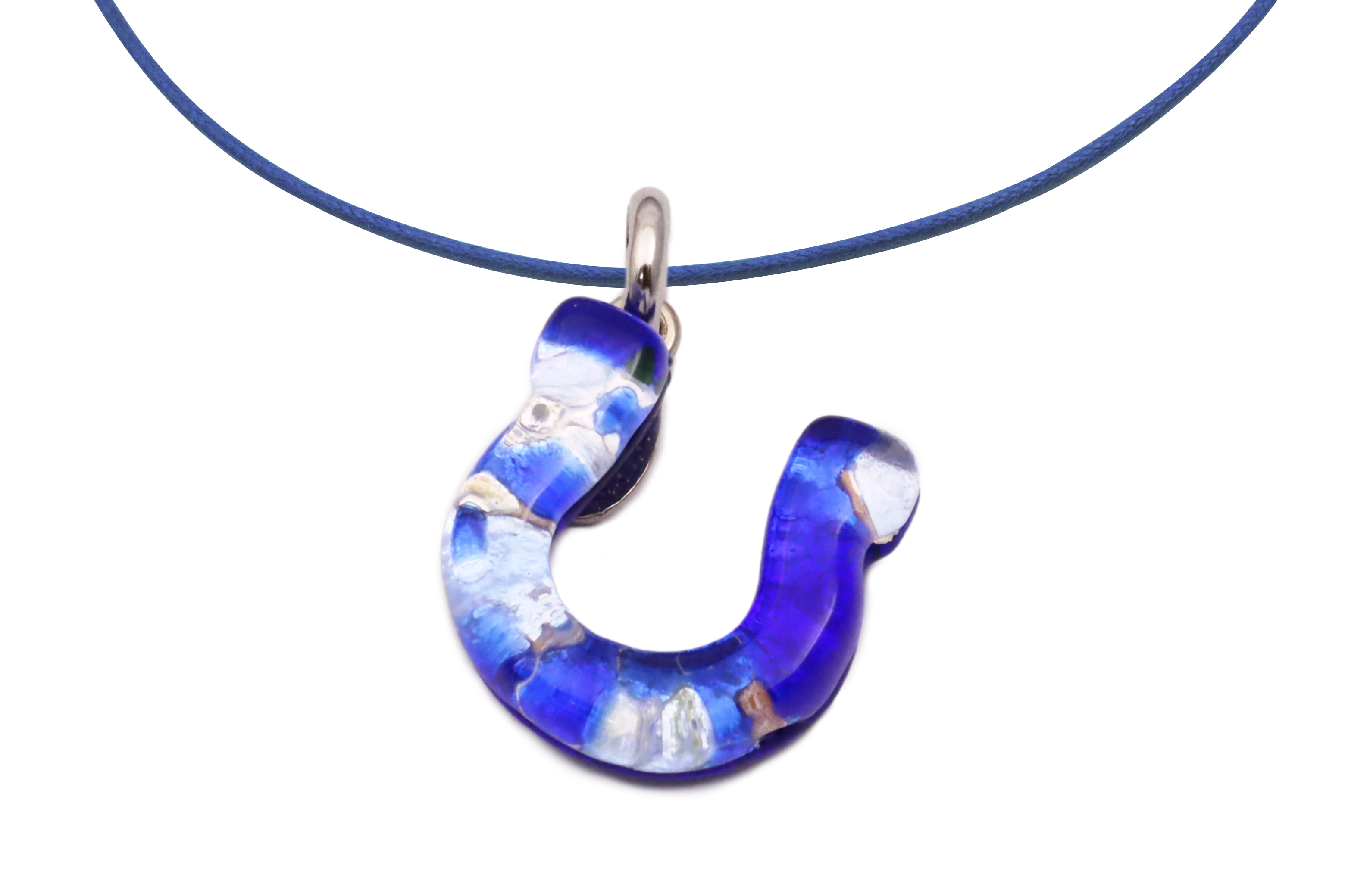 ムラーノグラスペンダント　馬蹄のペンダントトップ　ブルー＆シルバー　ネックレス付き