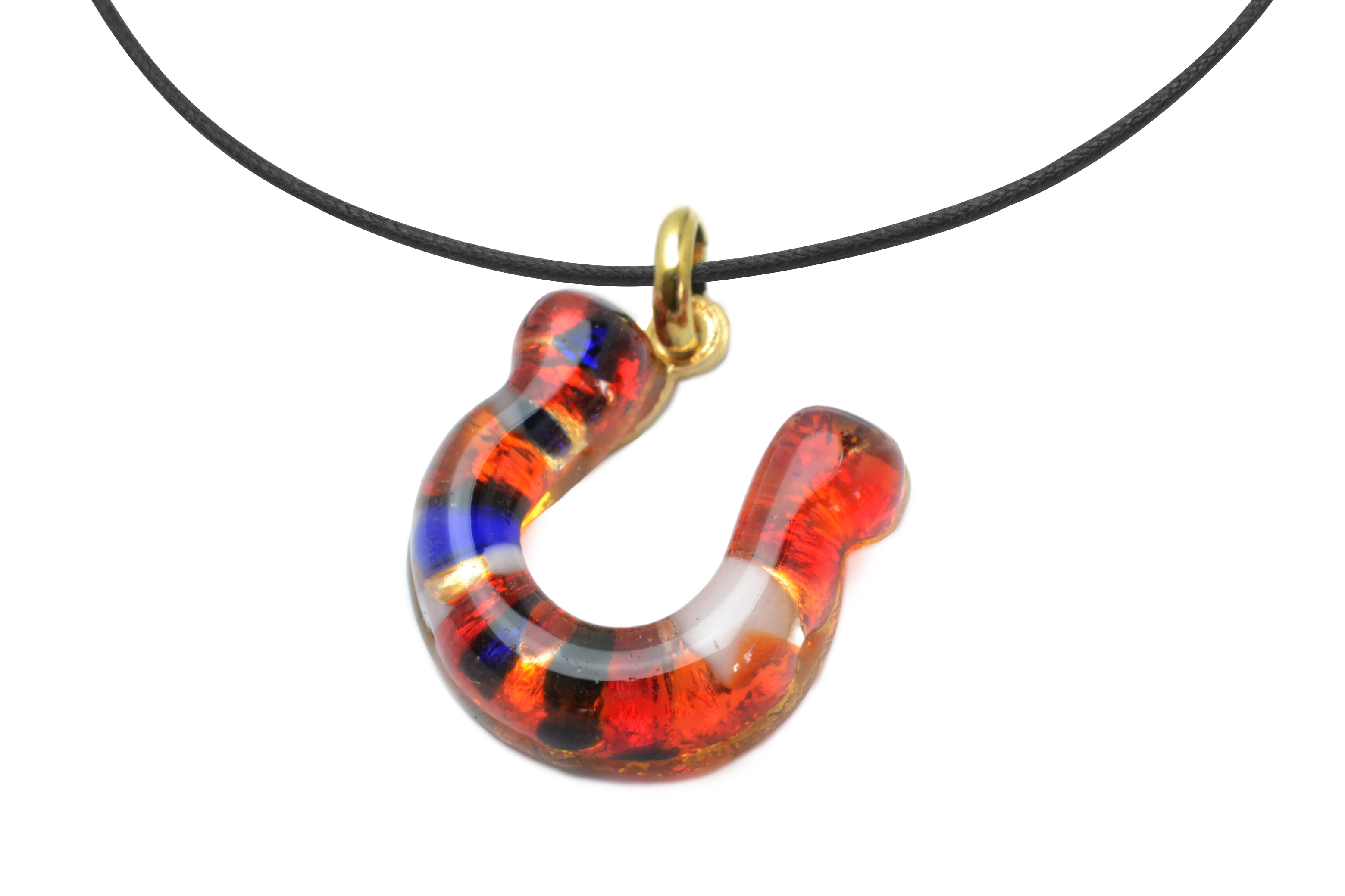 ムラーノグラスペンダント　馬蹄のペンダントトップ　レッド×ネイビー×ホワイト＆ゴールド　ネックレス付き