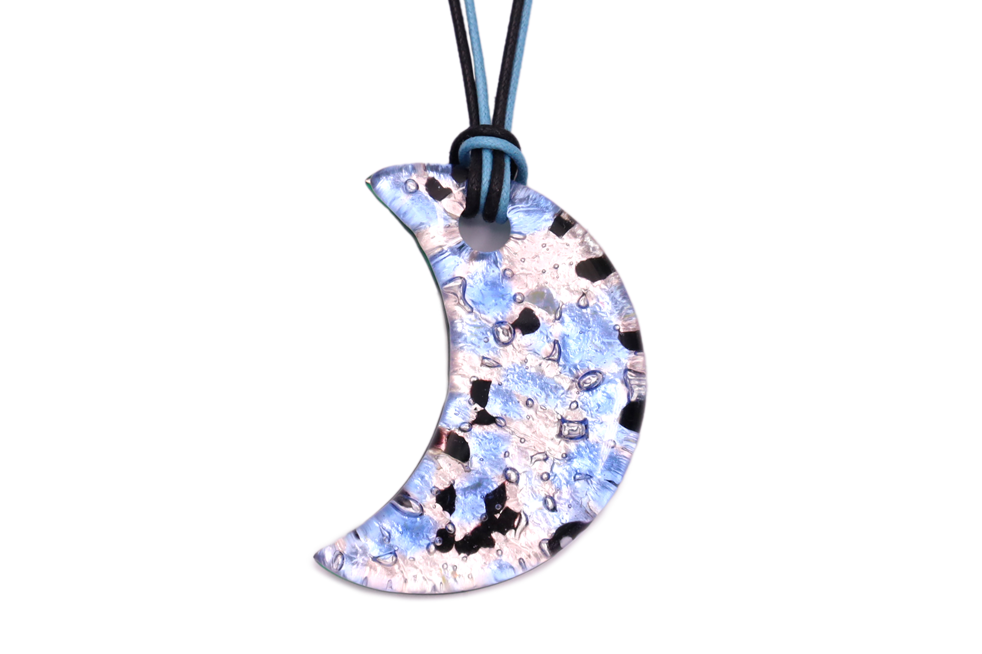 ムラーノグラスペンダント　月型ペンダントトップ50mm　ブルー＆シルバー　フリーサイズネックレス付き