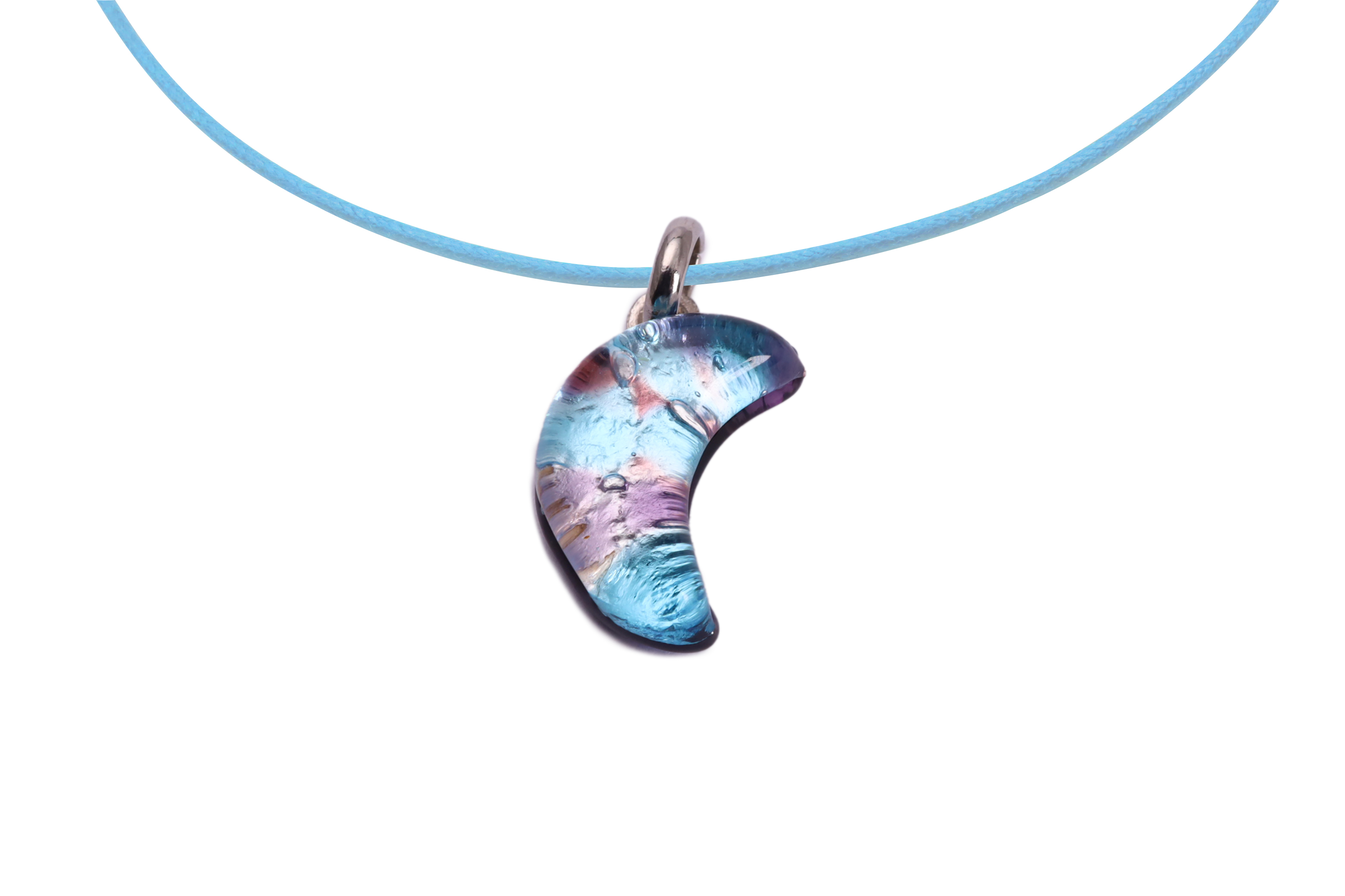 ムラーノグラスペンダント　月型ペンダントトップ18mm　ライトブルー×パープル＆シルバー　ネックレス付き