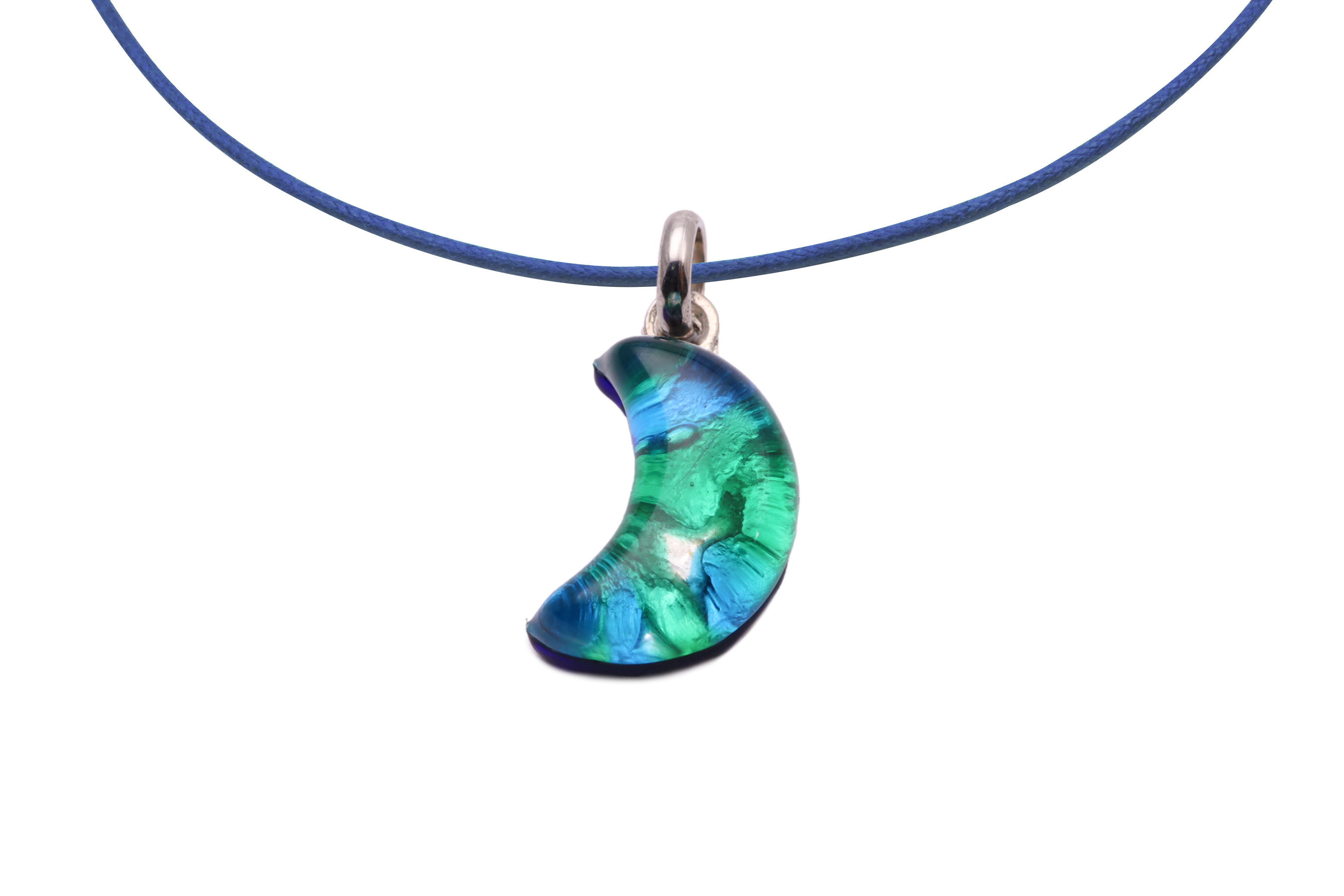 ムラーノグラスペンダント　月型ペンダントトップ18mm　ブルー×グリーン＆シルバー　ネックレス付き