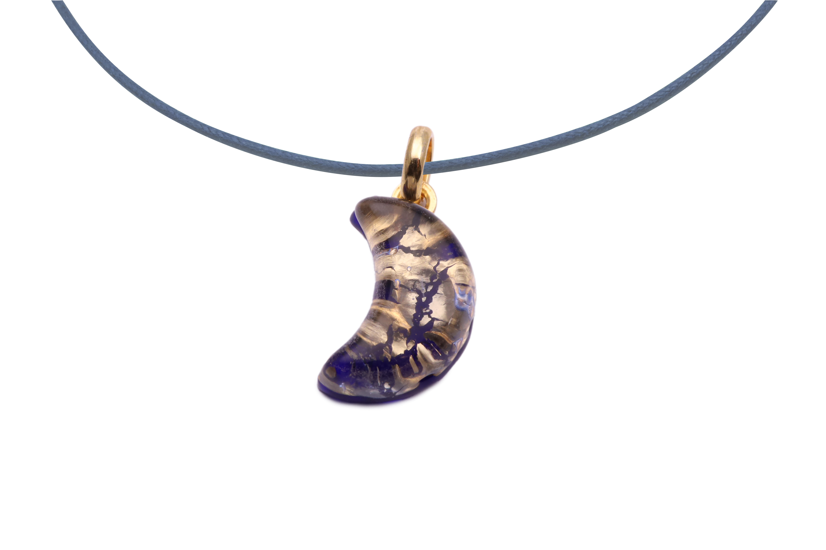 ムラーノグラスペンダント　月型ペンダントトップ18mm　ネイビー＆ゴールド　ネックレス付き