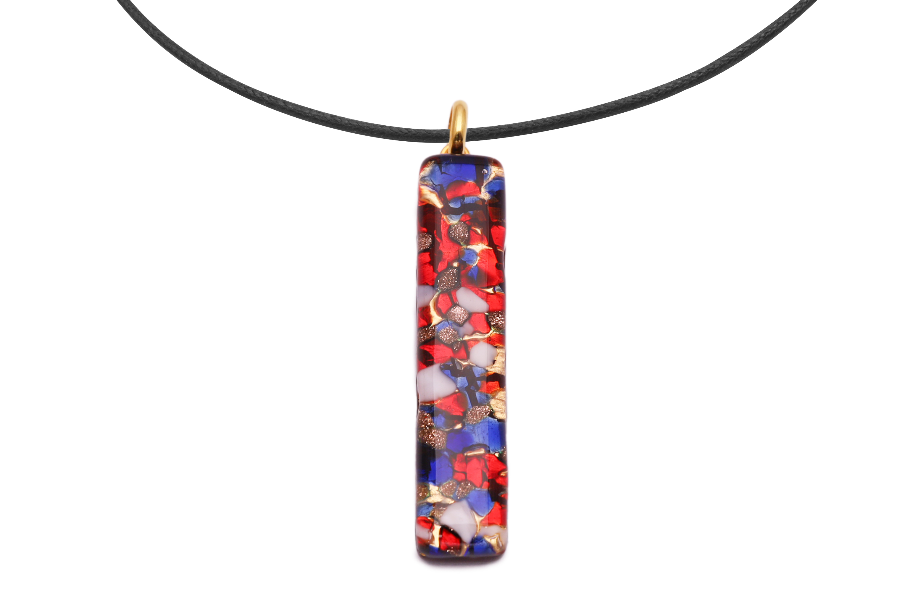ムラーノグラスペンダント　スクエア型ペンダントトップ50mm×10mm　レッド×ネイビー×ホワイト＆ゴールド ネックレス付き