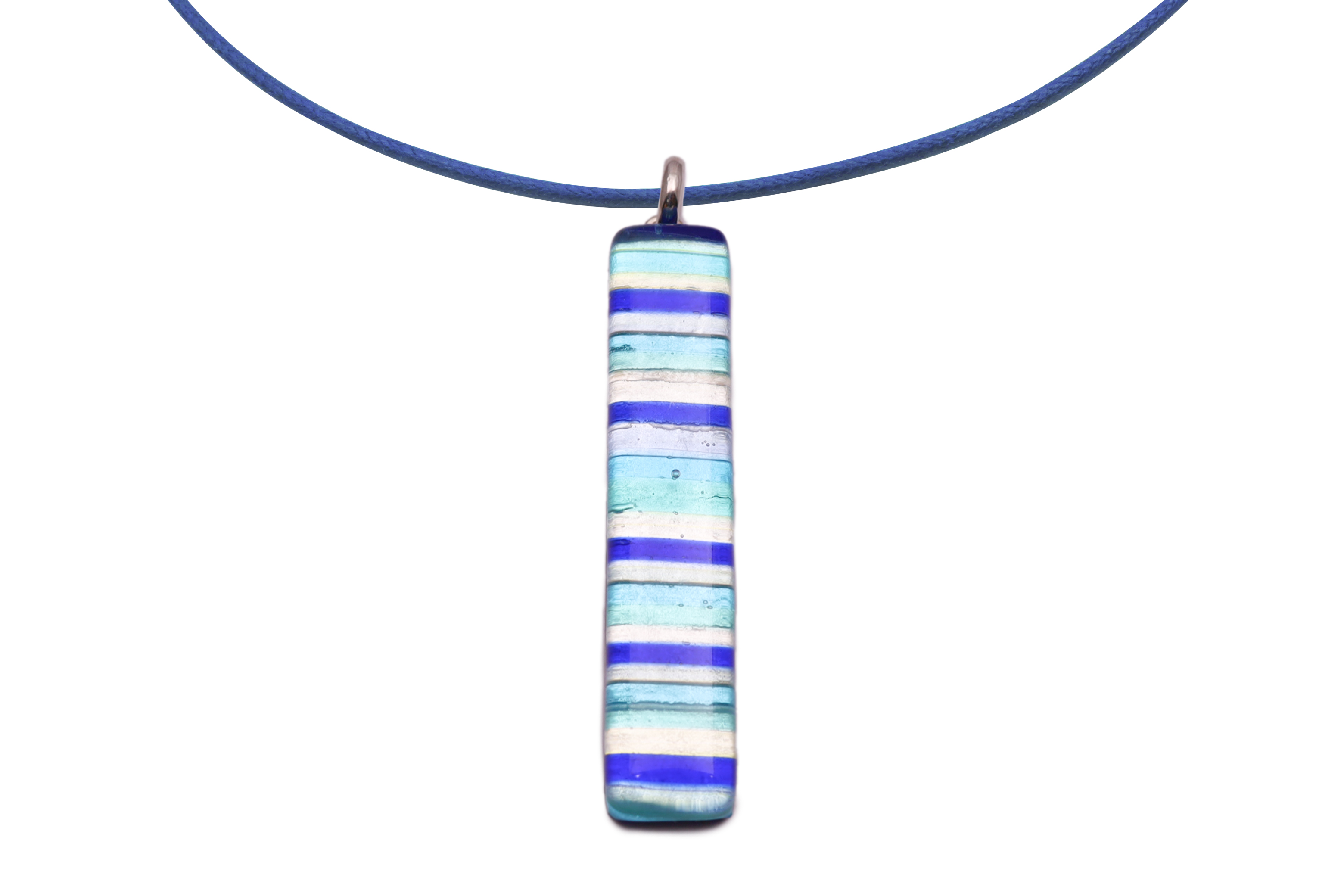 ムラーノグラスペンダント　スクエア型ペンダントトップ50mm×10mm　ブルーボーダー＆シルバー ネックレス付き