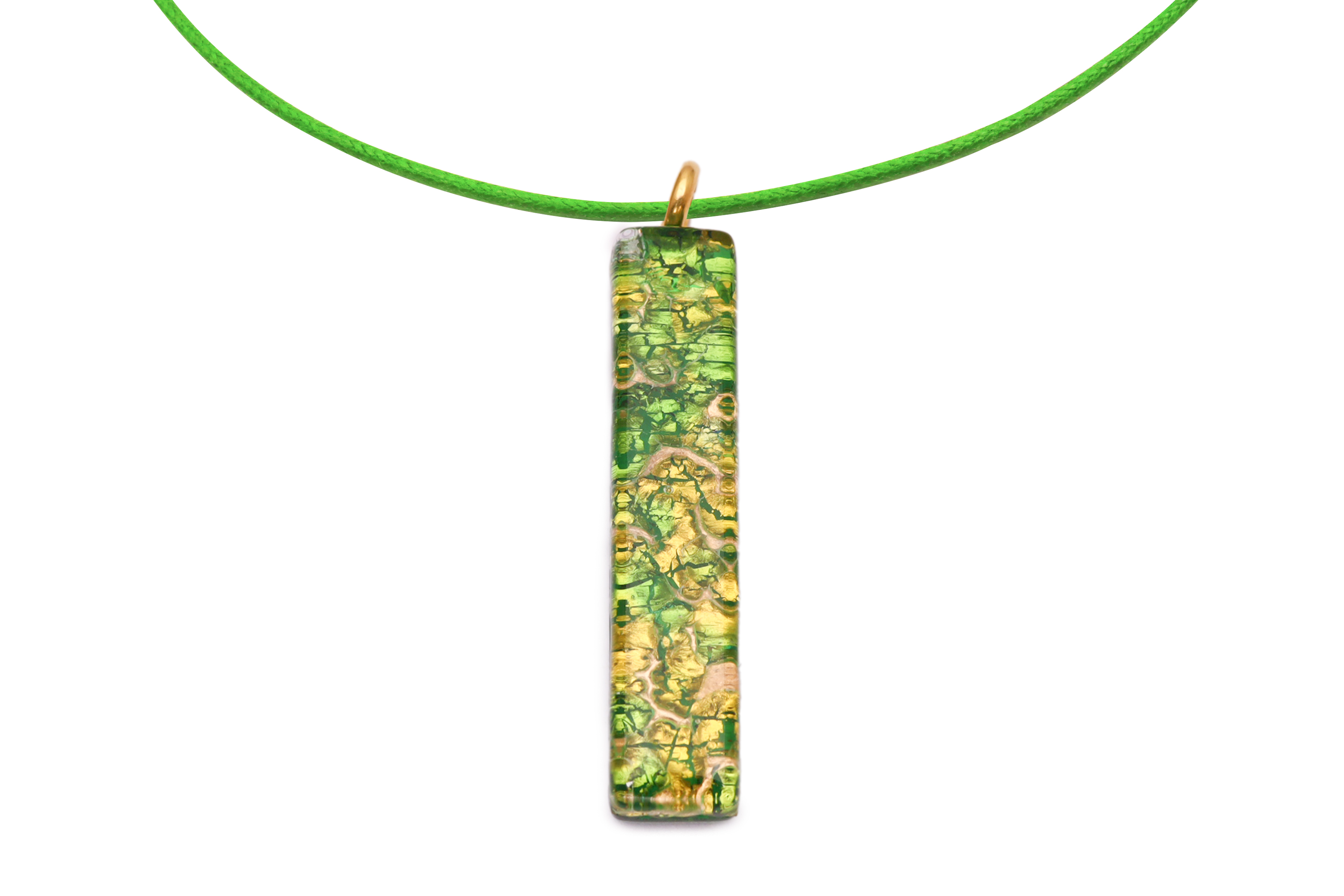 ムラーノグラスペンダント　スクエア型ペンダントトップ50mm×10mm　グリーン＆ゴールド ネックレス付き