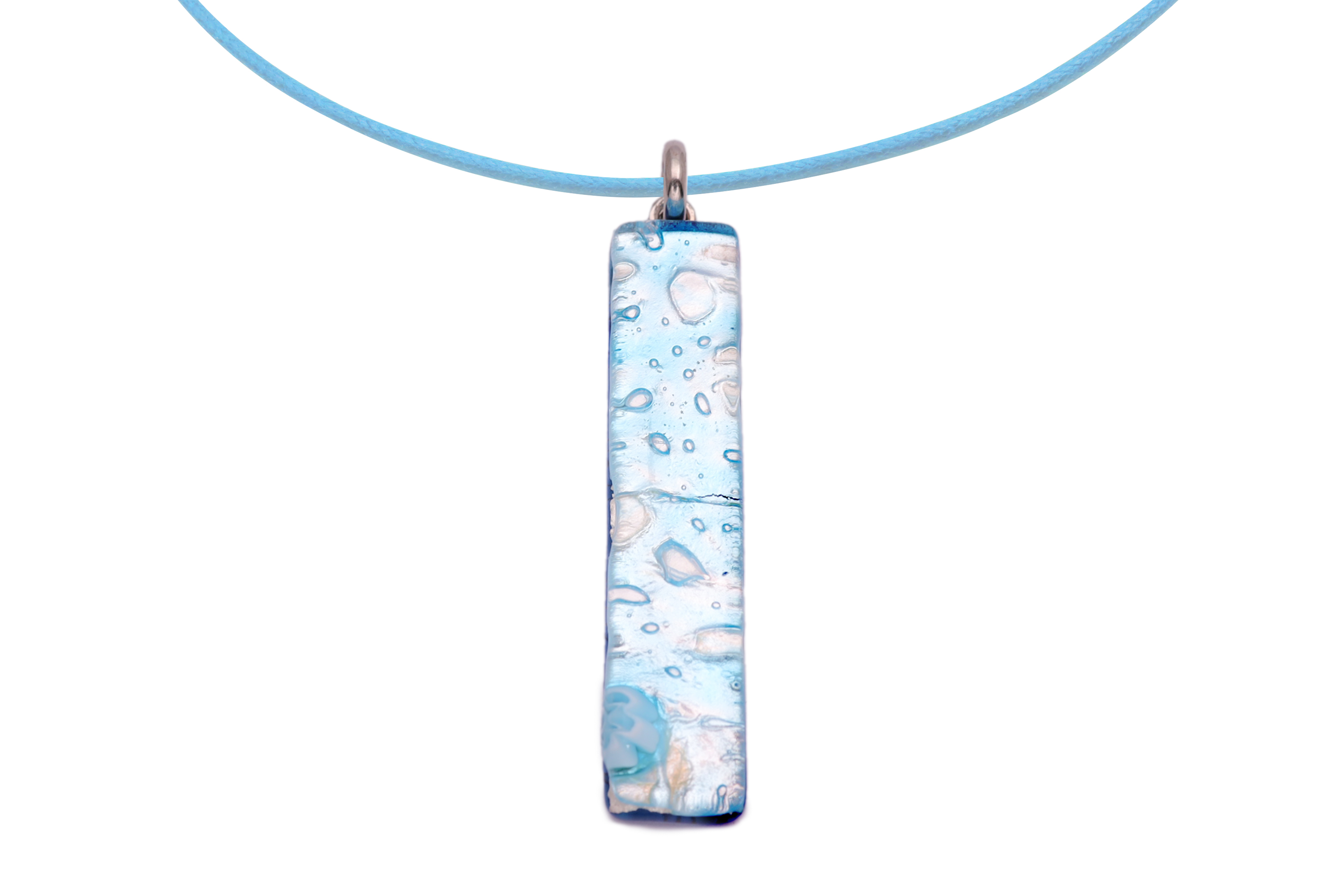 ムラーノグラスペンダント　スクエア型ペンダントトップ50mm×10mm　ライトブルー＆シルバー ネックレス付き