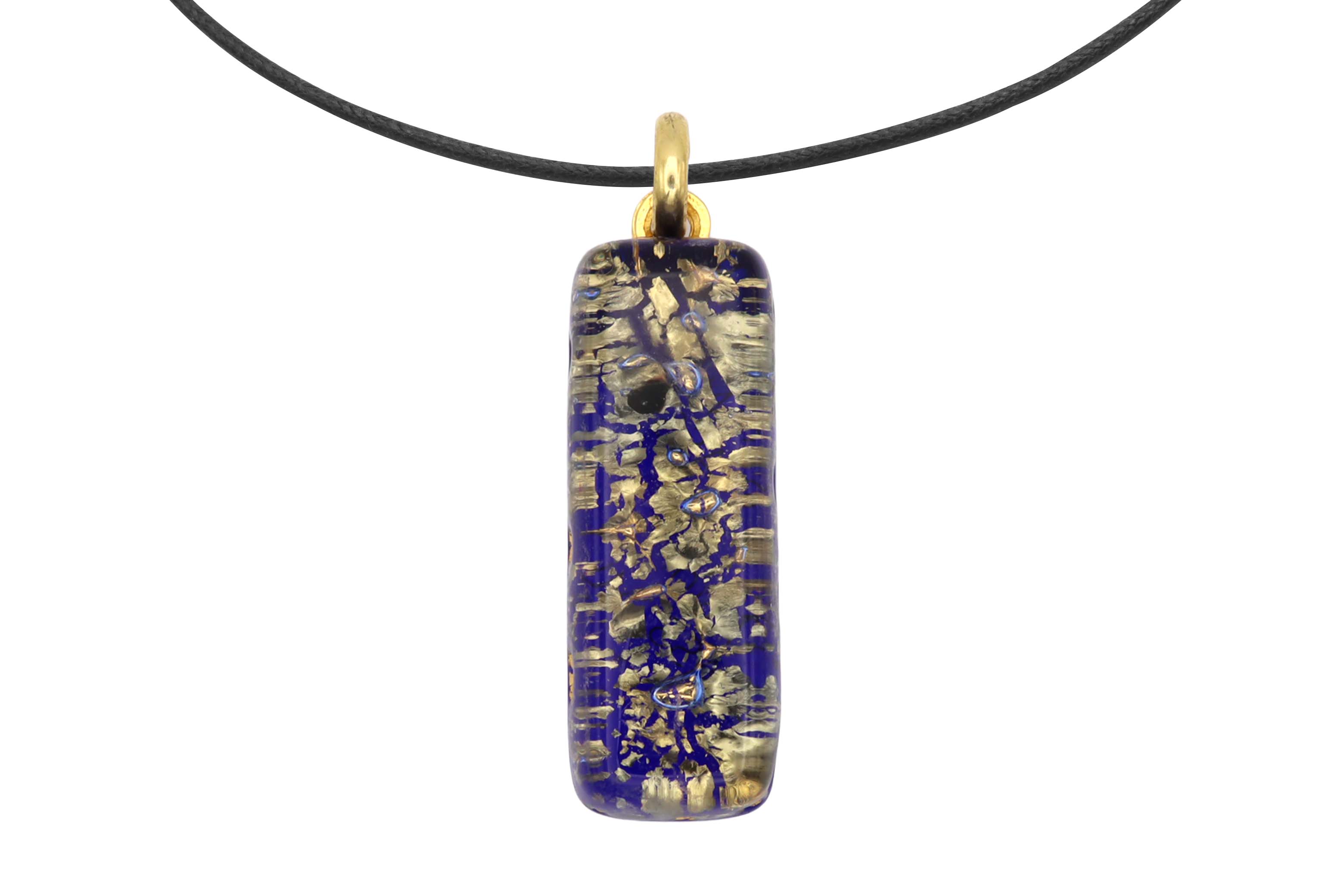 ムラーノグラスペンダント　スクエア型ペンダントトップ30mm×10mm　ネイビー＆ゴールド ネックレス付き