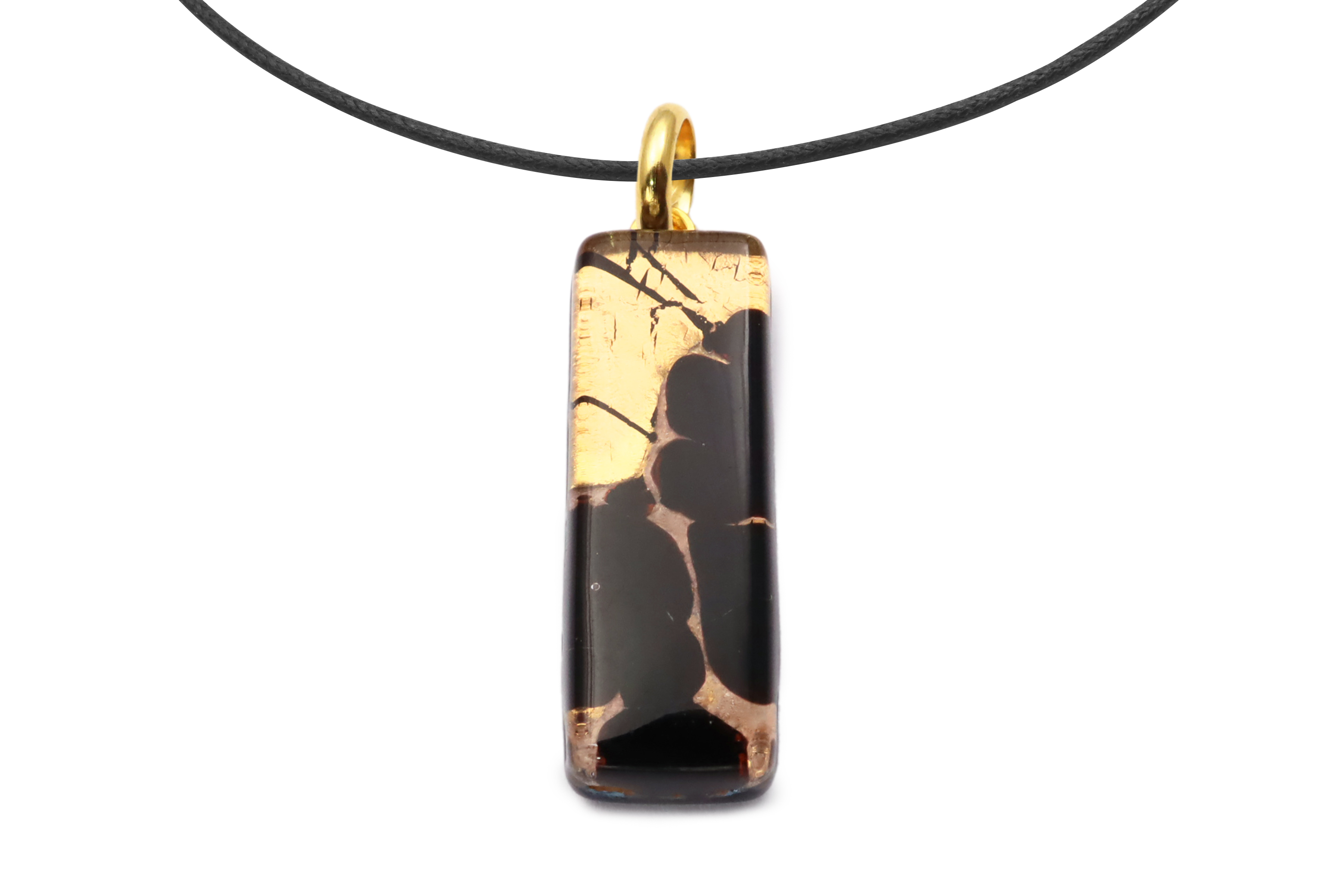ムラーノグラスペンダント　スクエア型ペンダントトップ30mm×10mm　ブラック＆ゴールド ネックレス付き