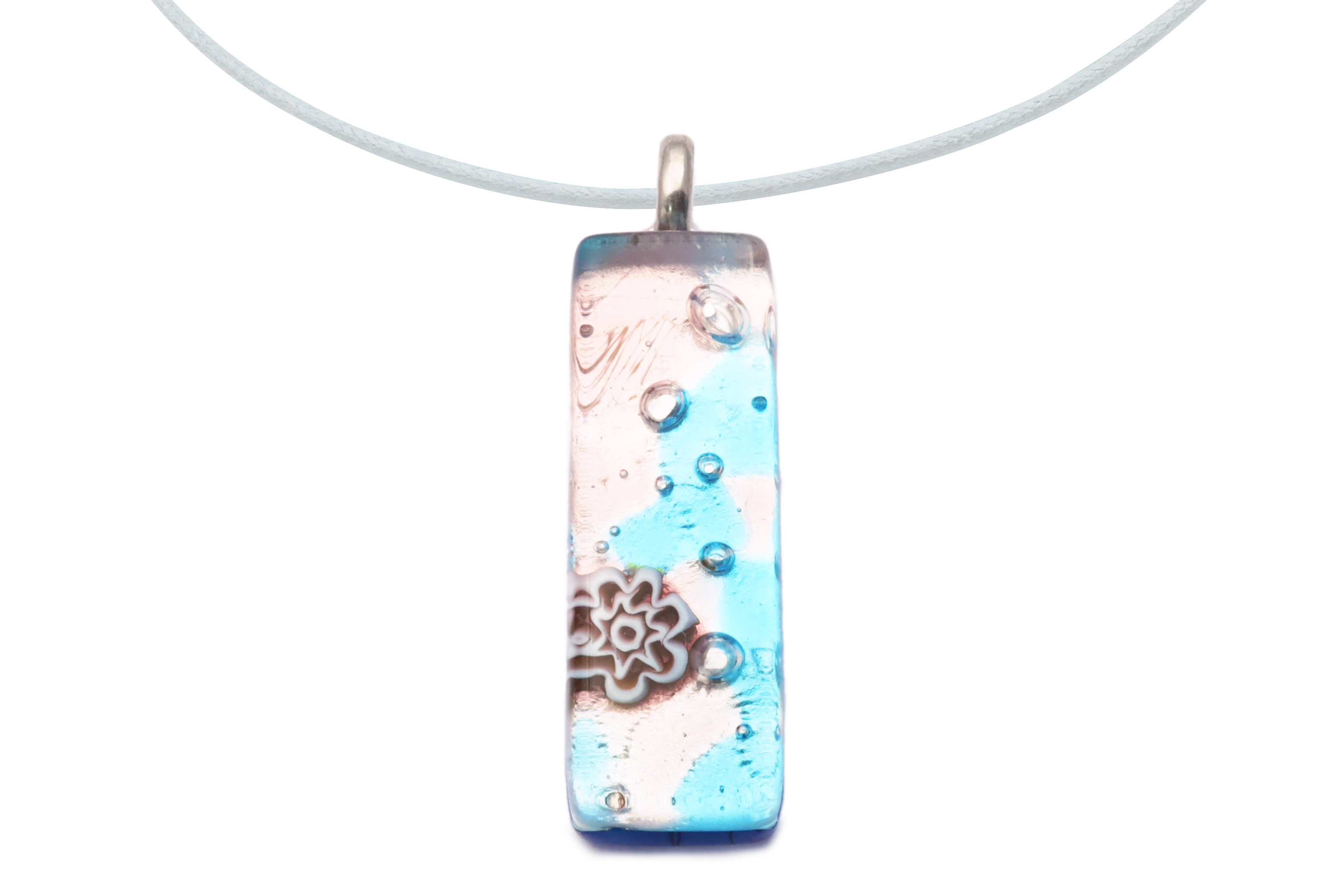 ムラーノグラスペンダント　スクエア型ペンダントトップ30mm×10mm　ライトピンク×ライトブルー（ミレ入り）＆シルバー ネックレス付き