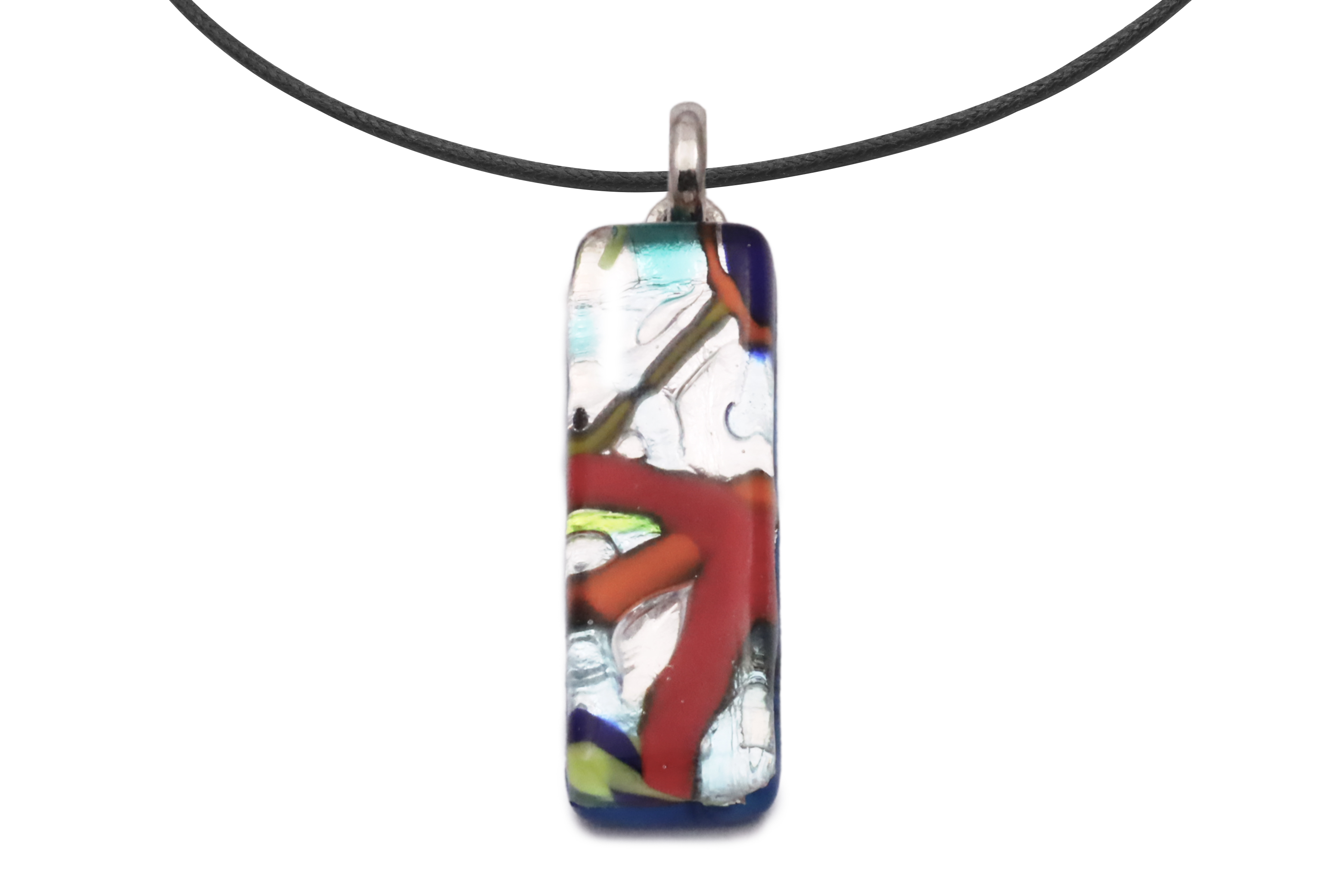 ムラーノグラスペンダント　スクエア型ペンダントトップ30mm×10mm　マルチカラー＆シルバー ネックレス付き