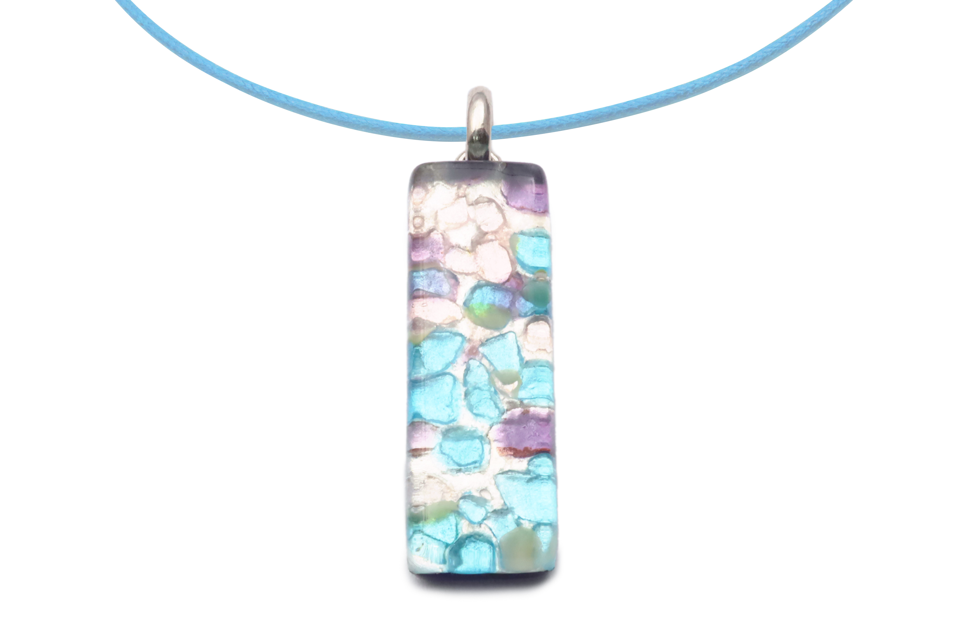 ムラーノグラスペンダント　スクエア型ペンダントトップ30mm×10mm　ブルー×バイオレット＆シルバー ネックレス付き