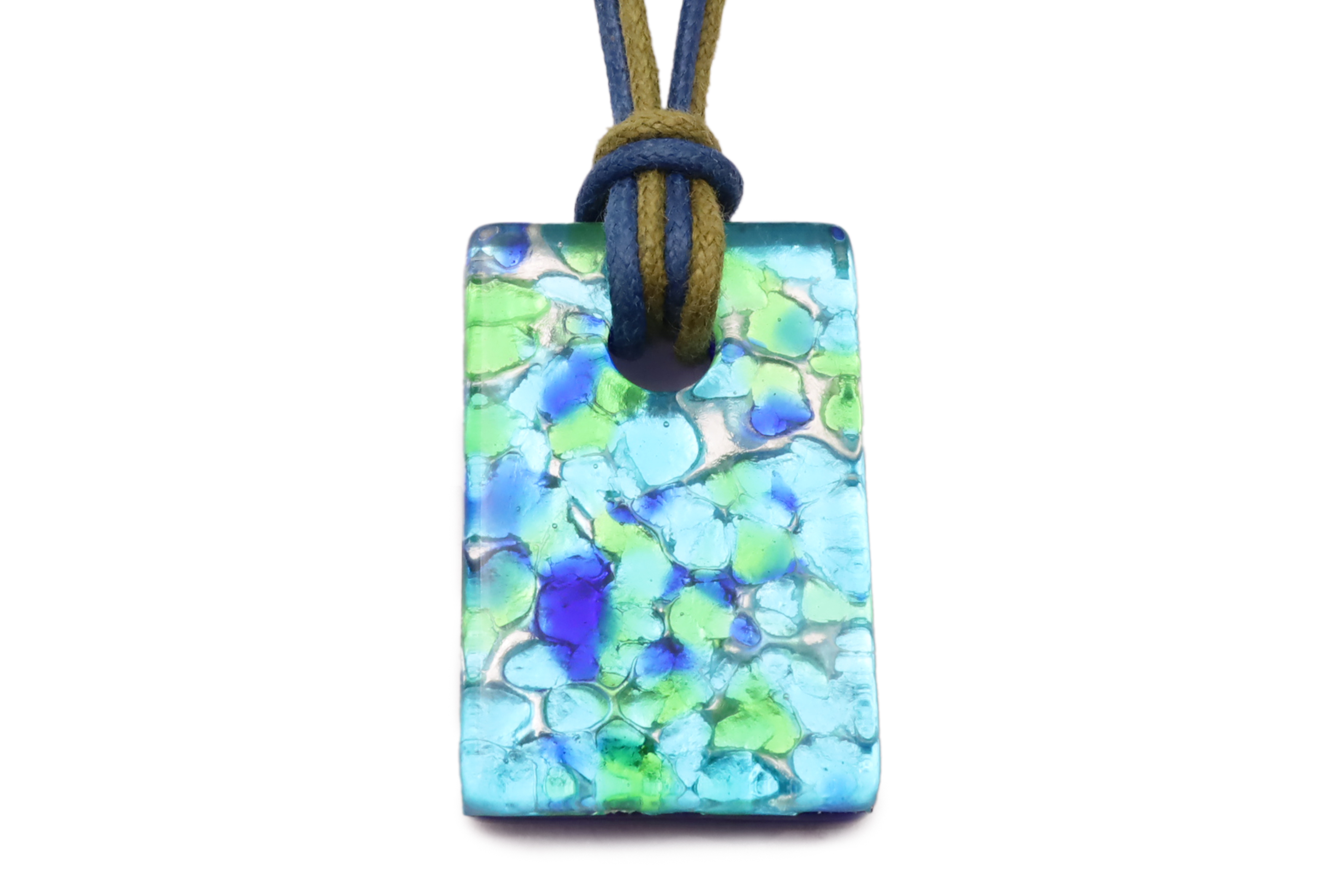ムラーノグラスペンダント　スクエア型ペンダントトップ30mm×20mm　ブルー×グリーン＆シルバー　フリーサイズネックレス付き