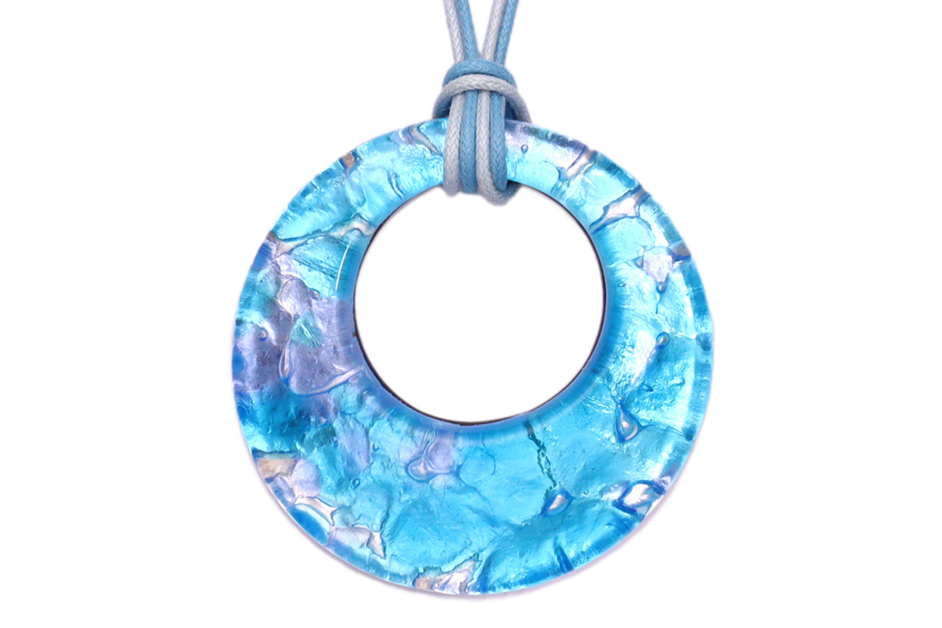 ムラーノグラスペンダント　ドーナツ型ペンダントトップ50mm　モザイクブルー＆シルバー　フリーサイズネックレス付き