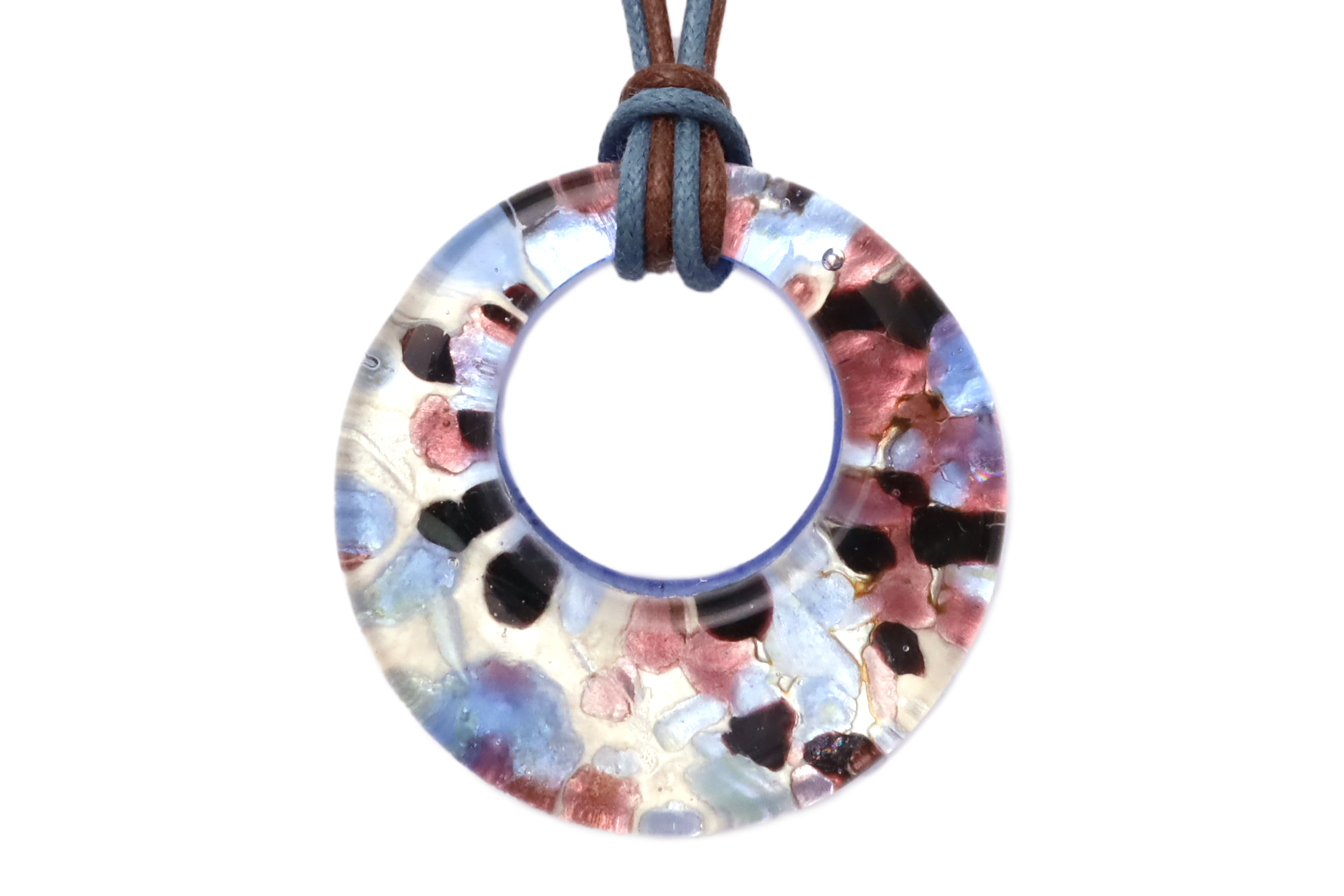 ムラーノグラスペンダント　ドーナツ型ペンダントトップ40mm　ブルー×パープル＆シルバー　フリーサイズネックレス付き