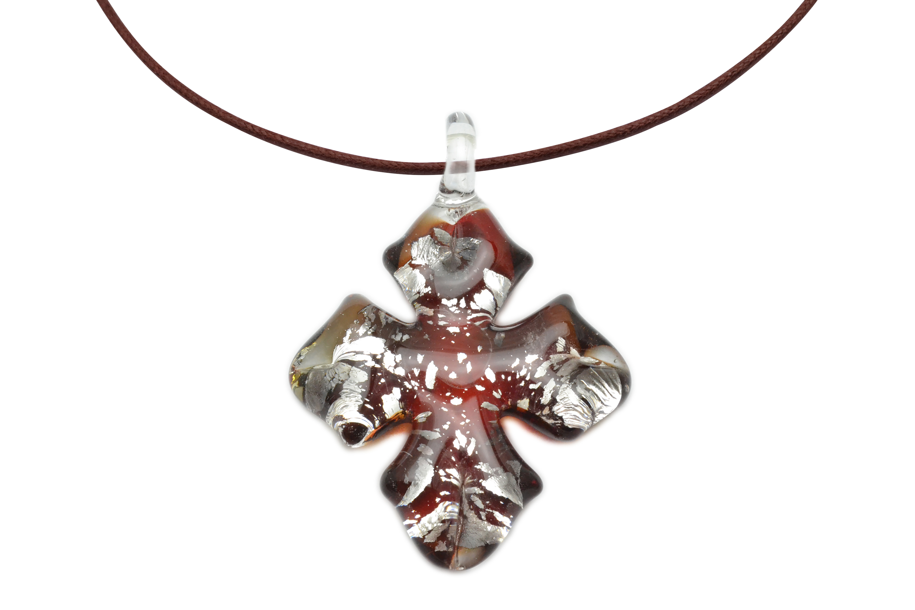 ムラーノグラス クロスペンダント　アンティークレッド×シルバー　ネックレス付き