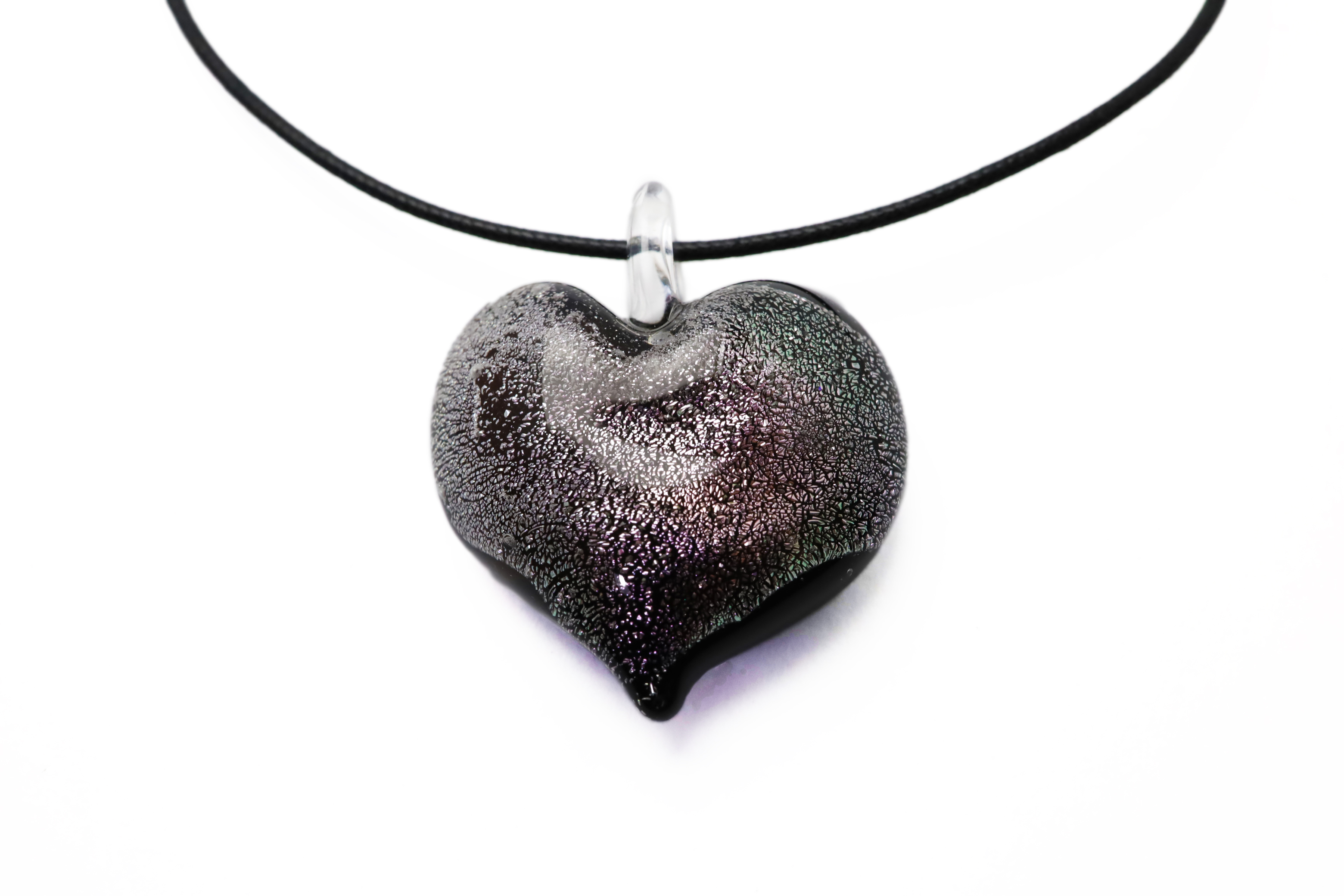 ムラーノグラスハートペンダント　プレミアムシルバー＆925シルバー入り　ネックレス付き