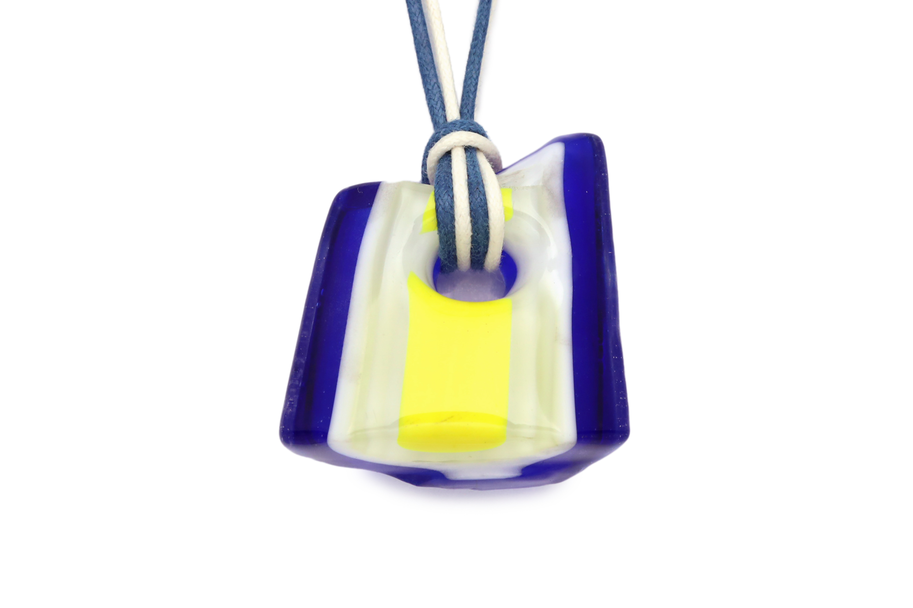 ムラーノグラスペンダント　トロンケッティ　ネイビー×ホワイト×イエロー　フリーサイズネックレス付き