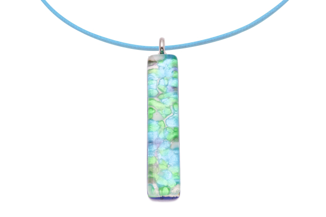 ムラーノグラスペンダント　スクエア型ペンダントトップ50mm×10mm　グリーン×ブルー×パープル＆シルバー ネックレス付き