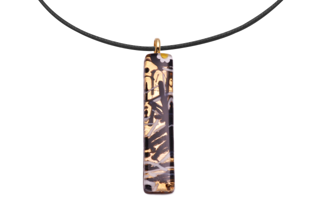 ムラーノグラスペンダント　スクエア型ペンダントトップ50mm×10mm　ブラック×ホワイト＆ゴールド ネックレス付き