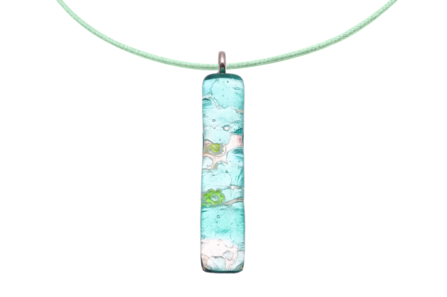 ムラーノグラスペンダント スクエア型ペンダントトップ50mm×10mm ミント&シルバー ネックレス付き
