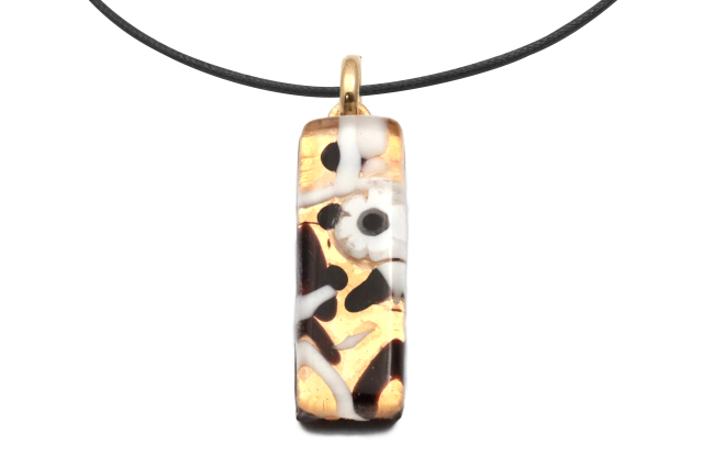 ムラーノグラスペンダント　スクエア型ペンダントトップ30mm×10mm　ブラック×ホワイト＆ゴールド ネックレス付き