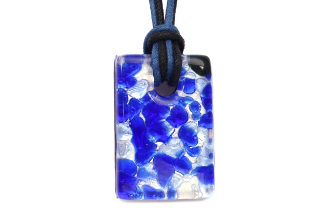 ムラーノグラスペンダント スクエア型ペンダントトップ30mm×20mm ブルー&シルバー フリーサイズネックレス付き