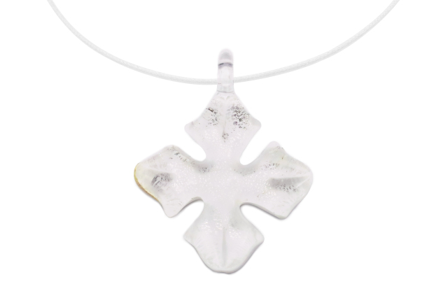 ムラーノグラス クロスペンダント　ホワイト＆シルバー　ネックレス付き
