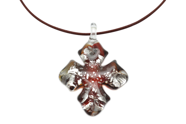 ムラーノグラス クロスペンダント　アンティークレッド×シルバー　ネックレス付き