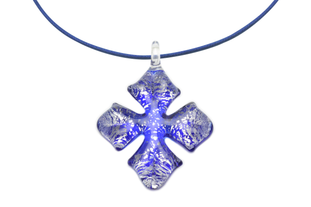 ムラーノグラス クロスペンダント　ブルー＆シルバー　ネックレス付き