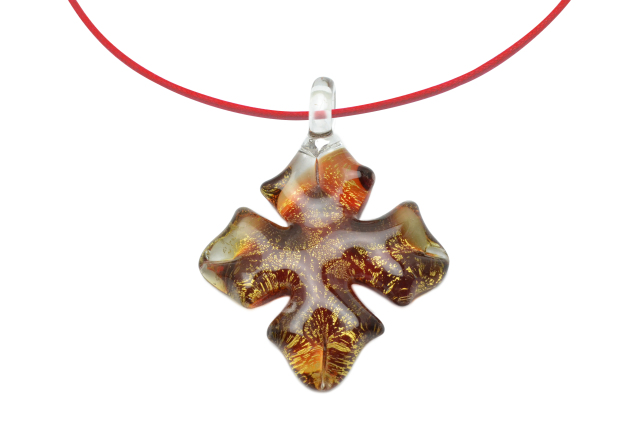 ムラーノグラス クロスペンダント　アンティークレッド＆ゴールド　ネックレス付き