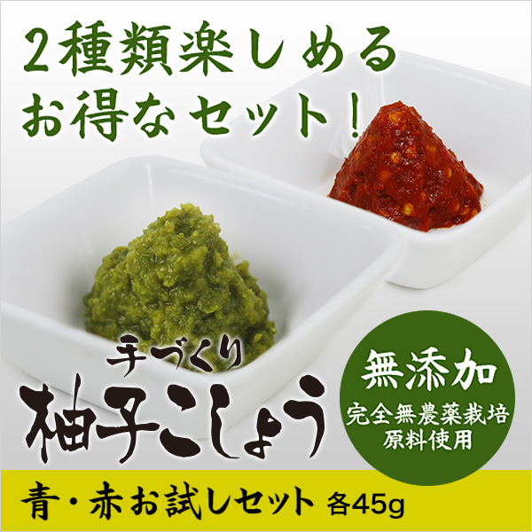 手作り柚子こしょう 青・赤セット 各45g ミニサイズ お試しセット 粗挽き お取り寄せグルメ ゆずごしょう 柚子胡椒 薬味 保存料不使用 大分県特産 大分土産