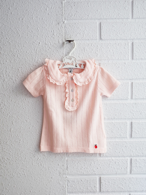 emile et ida kids エミールエイダ　Pink pointelle modal polo PASTEL　針抜きフリルポロシャツ