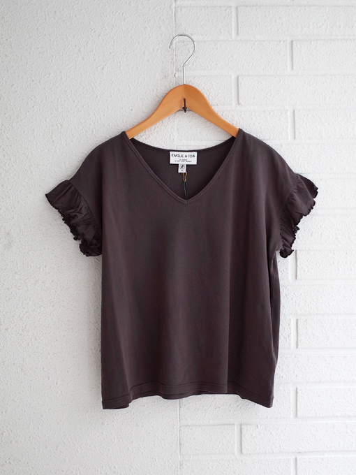 emile et ida woman　エミールエイダ　Asphalt organic cotton ruffled V-neck T-shirt　オーガニックVネックTシャツ
