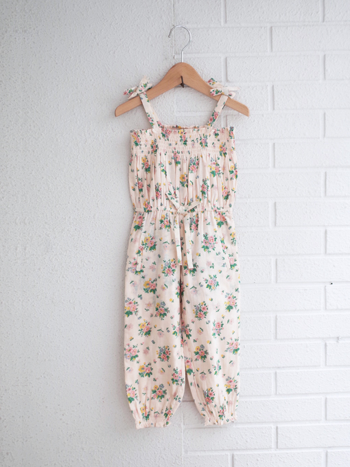 emile et ida Pink Spring smocked jumpsuit ガールズ フラワー