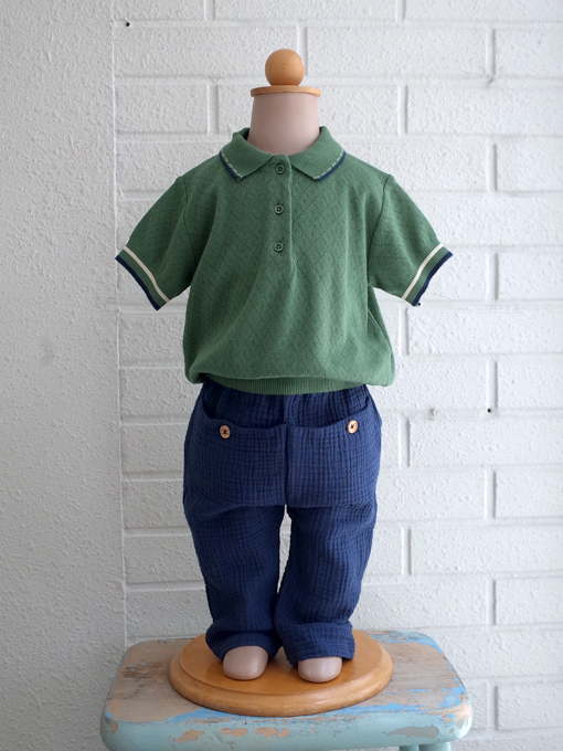 emile et ida Dark green pointelle polo shirt ボーイズ ポロシャツ 