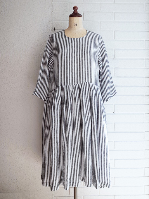 le vestiaire de jeanne VDJ Uniform 七分袖ストライプリネンギャザー 