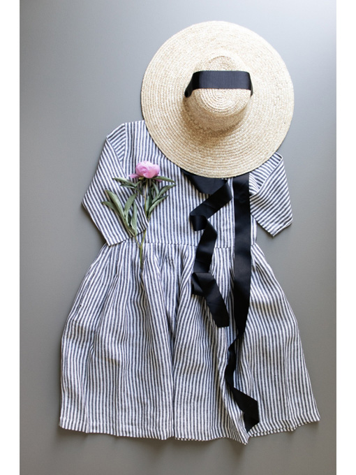 le vestiaire de jeanne VDJ Uniform 七分袖ストライプリネンギャザー 