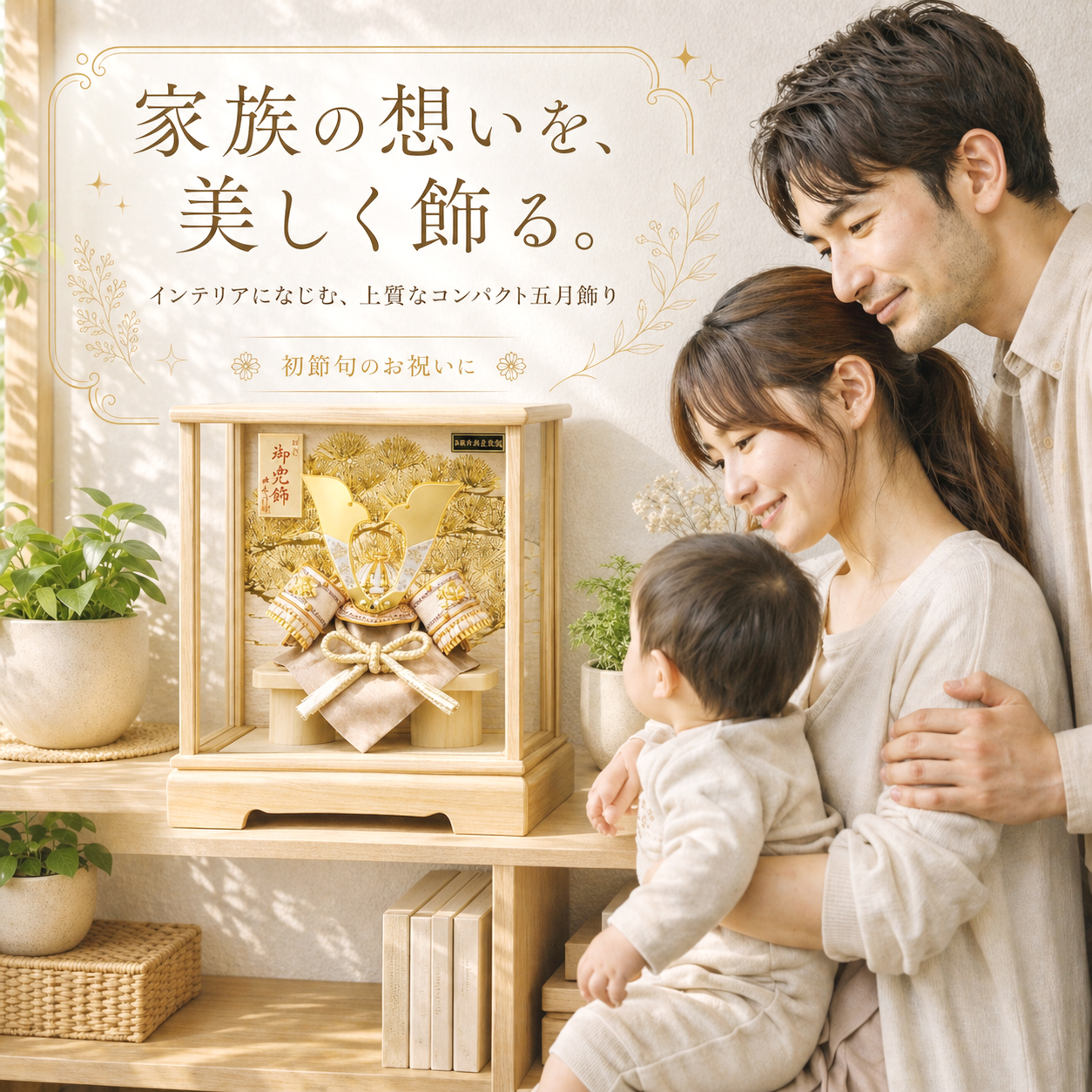 五月人形 雅秀作 「白金白印伝牡丹　特選御兜」 ガラスケース飾り(50533) 人気の木目ナチュラルカラー