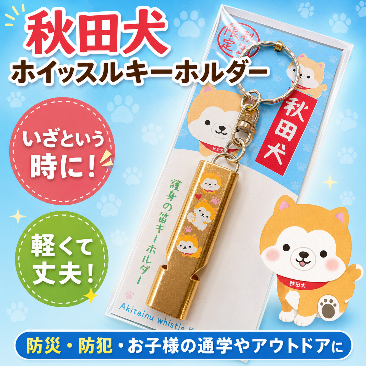 秋田犬 ホイッスルキーホルダー 選べるゴールド・シルバー 秋田限定 防災 防犯 笛 子供 通学 アウトドア 秋田土産
