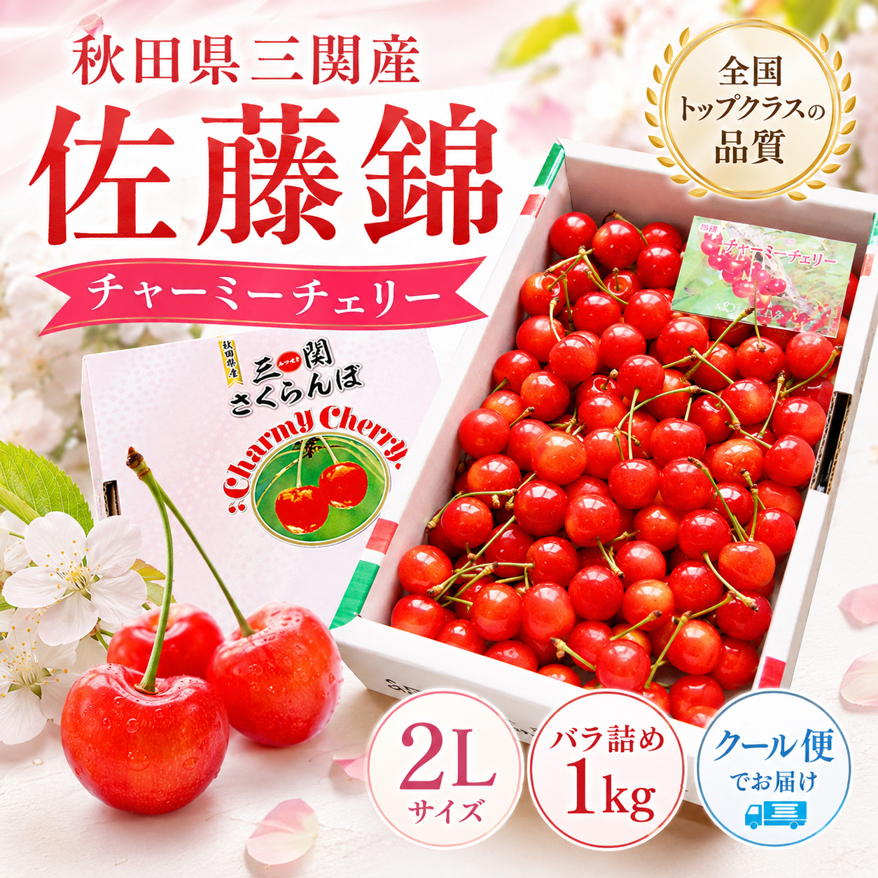秋田県三関産 さくらんぼ 佐藤錦 1kg 2Lサイズ バラ詰め JAこまち チャーミーチェリー 産地直送 【お届け日指定不可／6月中旬から順次発送】