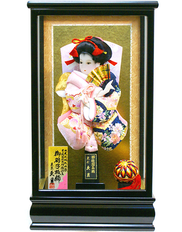 羽子板 久月 華流水 金彩刺繍 桃紺 更紗 ケース飾り(65010-1)