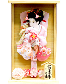 【羽子板】久月作　金彩桜　桃白　檜アクリルケース飾り　(40327-1)