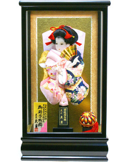 羽子板 久月 華流水 金彩刺繍 桃紺 更紗 ケース飾り(65010-1)