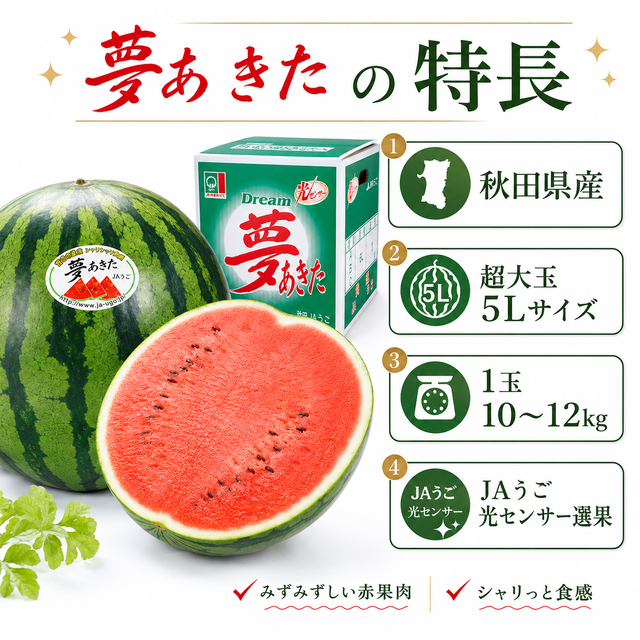 秋田産すいか「夢あきた」超大玉5Lサイズ 1玉10～12kg｜JAうご 光